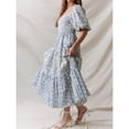 thumbnail image 3 of Blue Floral Print Square Neck Puff Sleeve Tiered Smocked A-Line Maxi Dress For Women, 3 of 8