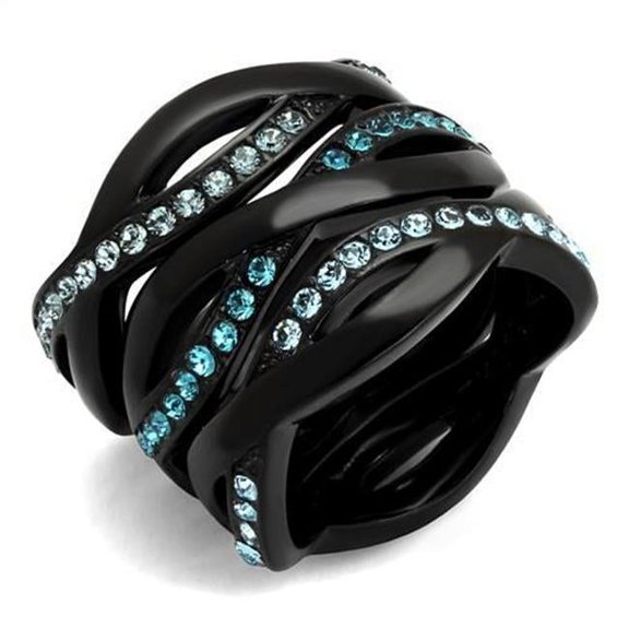 Women IP Black Stainless Steel Ring with Top Grade Crystal in Sea Blue - Size 5