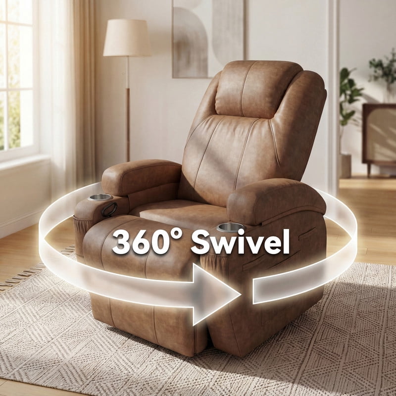 Homall 360° Swivel Rocking Recliner Massage Oversized Singal Sofa For Living Room Ergonomic High Backrest and Adjustable Recliner,PU Brown