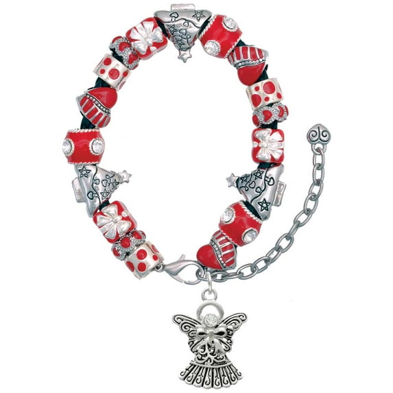 Silvertone Antiqued Angel with Bow & Crystal Red Christmas Bead Bracelet