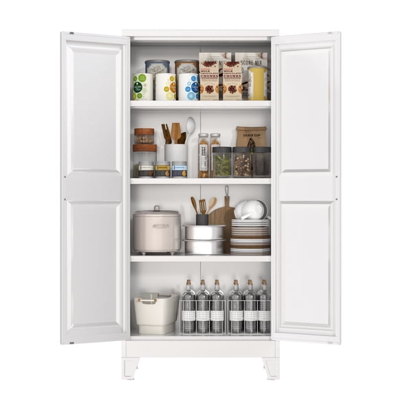 AOBABO Metal Kitchen Pantry Cabinet with 2 Doors,Metal Pantry Cabinets with 3 Adjustable Shelves for Kitchen, Assembly Required,White