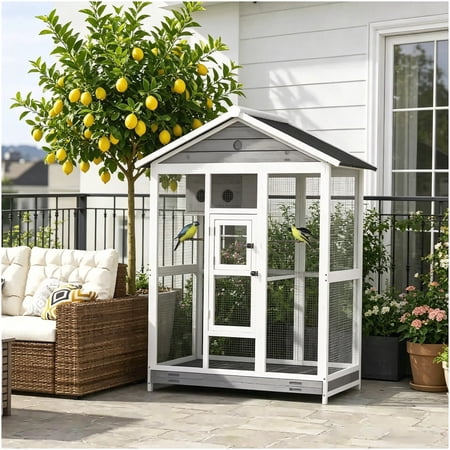 Wooden Bird Cage Aviary for Finches with Perches Nest and Slide-Out Tray, Tall Standing Indoor Outdoor Pet House, Gray Metal Wire Fir Wood Enclosure