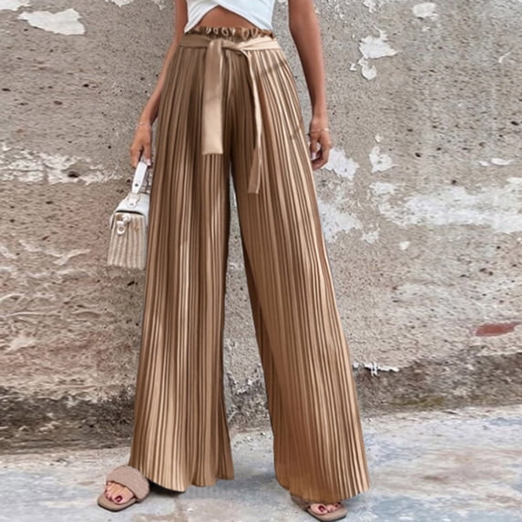 Lilgiuy Women's Fashion Casual High Waist Elastic Waist Drawstring Straps Solid Color Draped Pleated Wide Leg Long Pants for Camping Climbing