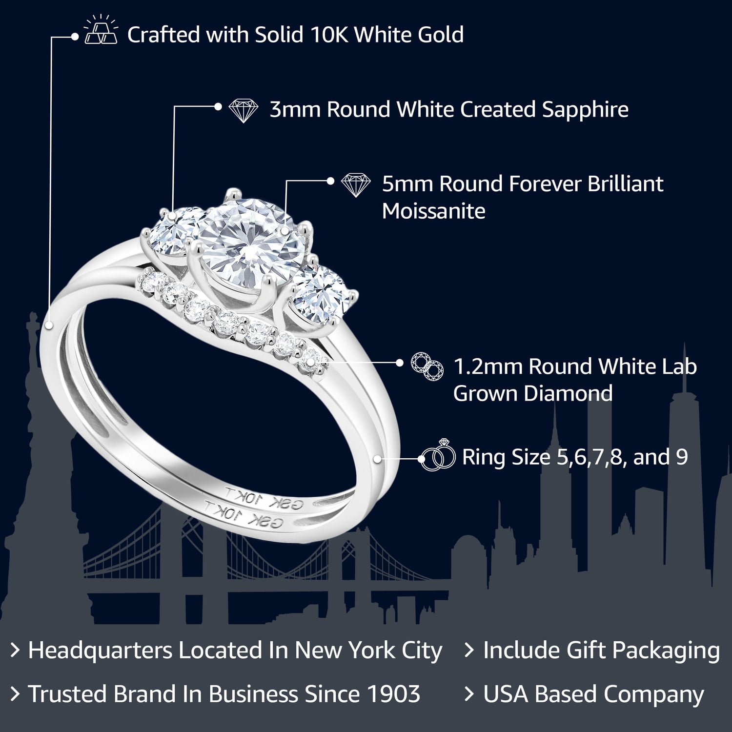 Gem Stone King 10K White Gold White Moissanite Created Sapphire and Lab Grown Diamond 3-Stone Bridal Engagement Wedding Ring Set for Women | 0.83 Cttw | Available in Size 5, 6, 7, 8, 9 | Size 6