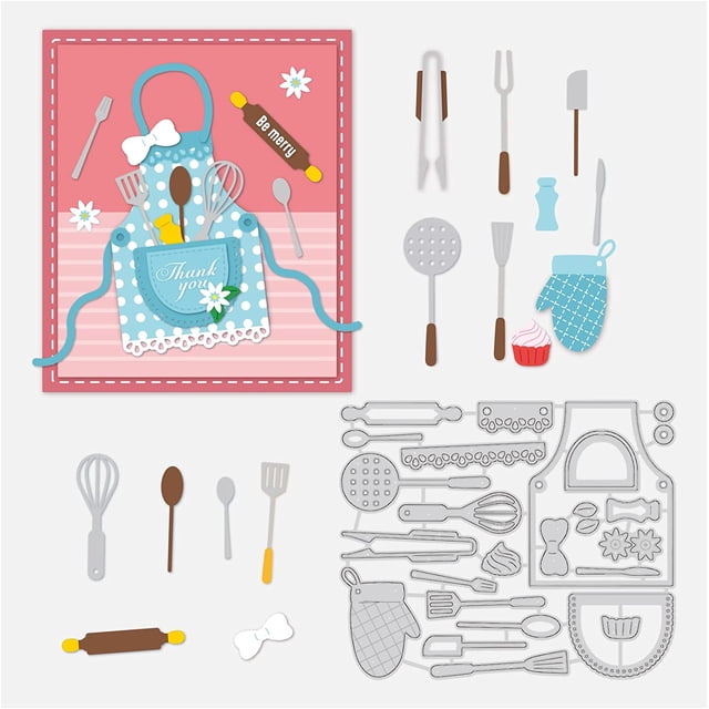Plantillas de decoración en relieve de metal con temática de cocina, de 4,3 x 5,1 pulgadas. Incluye troqueles para delantales y vajilla.