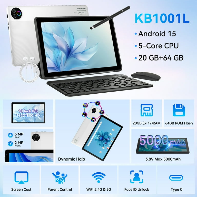 Android 15 Tablet, 5-Core, 20GB RAM+64GB ROM+1TB Expand, 10inch