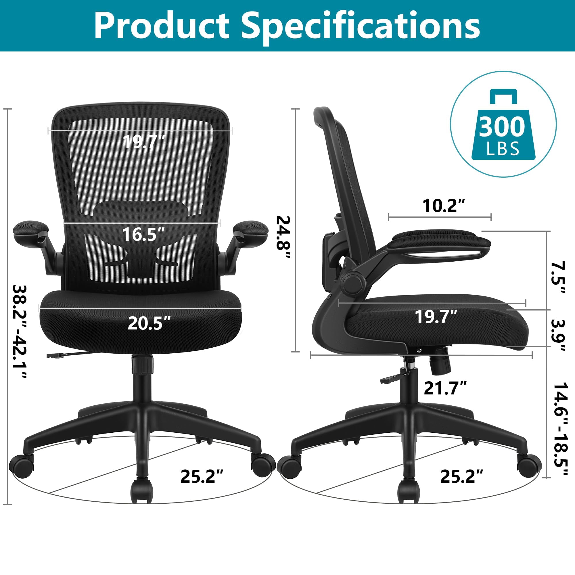 Office Chair, Ergonomic Desk Chair Breathable Mesh Chairs Adjustable High Back Lumbar Support Flip-up Armrests, Executive Rolling Swivel Comfy Computer Chairs Home Office Black