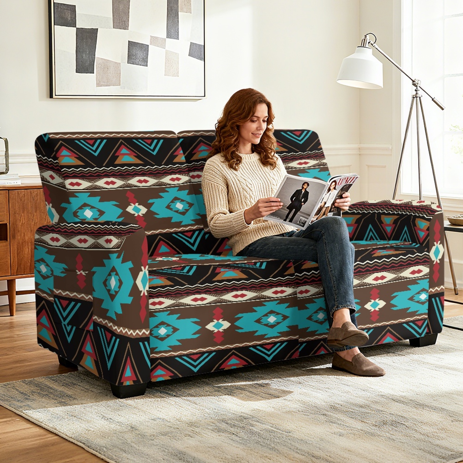 Xoenoiee Aztec American Tribal Print Stretch Loveseat Recliner Covers 6-Piece Recliner Sofa Covers with Pockets Jacquard Reclining Couch Covers Furniture Protector with Elastic Bottom