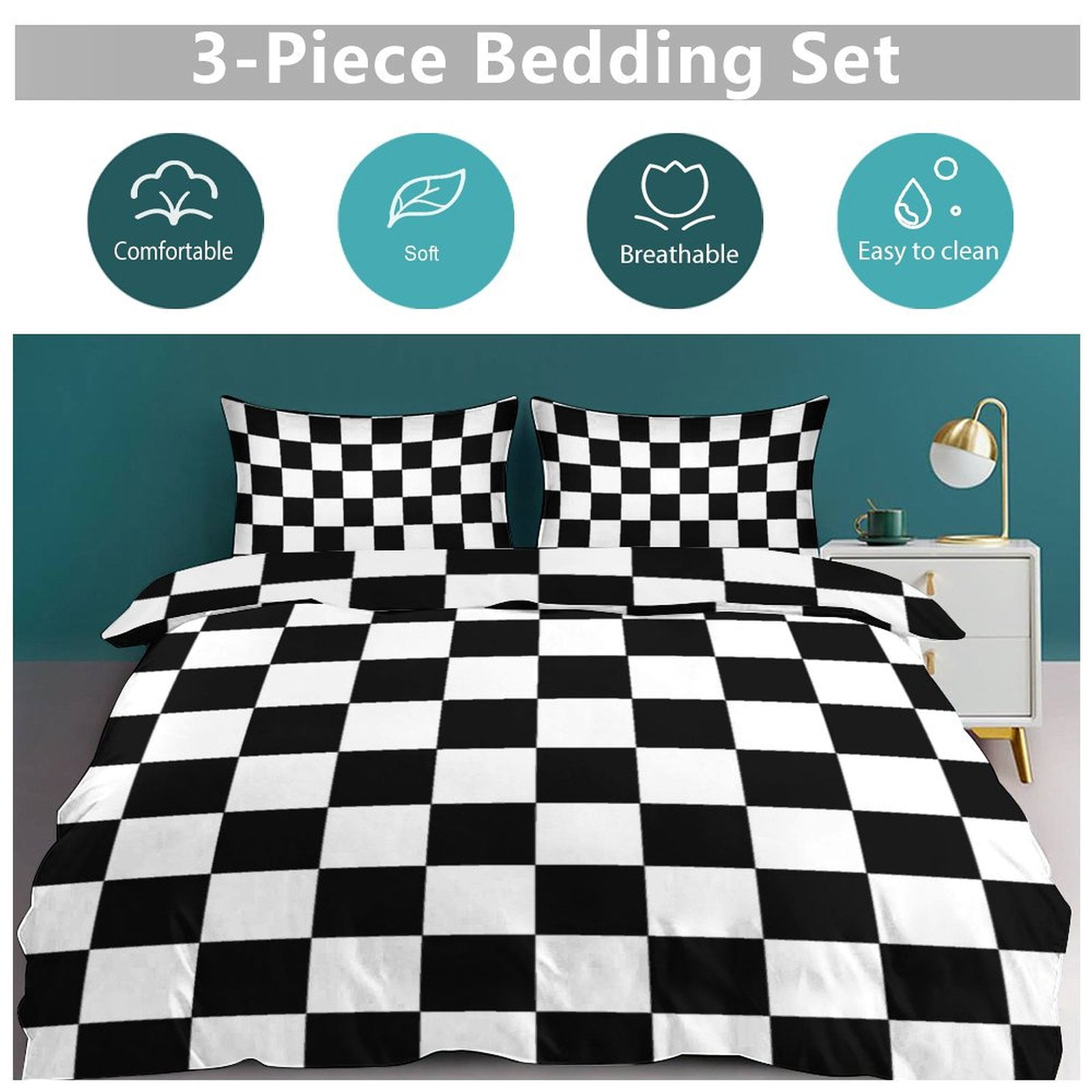 3 Pcs Soft Bedding Set, Includes 1 Duvet Cover with Zipper And 2 Pillow Shams,Chess Board Black Twin(86"x70")