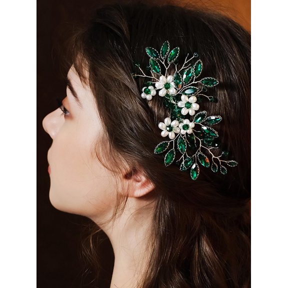 Flower Bride Wedding Hair Comb Emerald Green Rhinestone Pearl Hair Piece Bridal Crystal Hair Side Comb Hair Accessories for Women