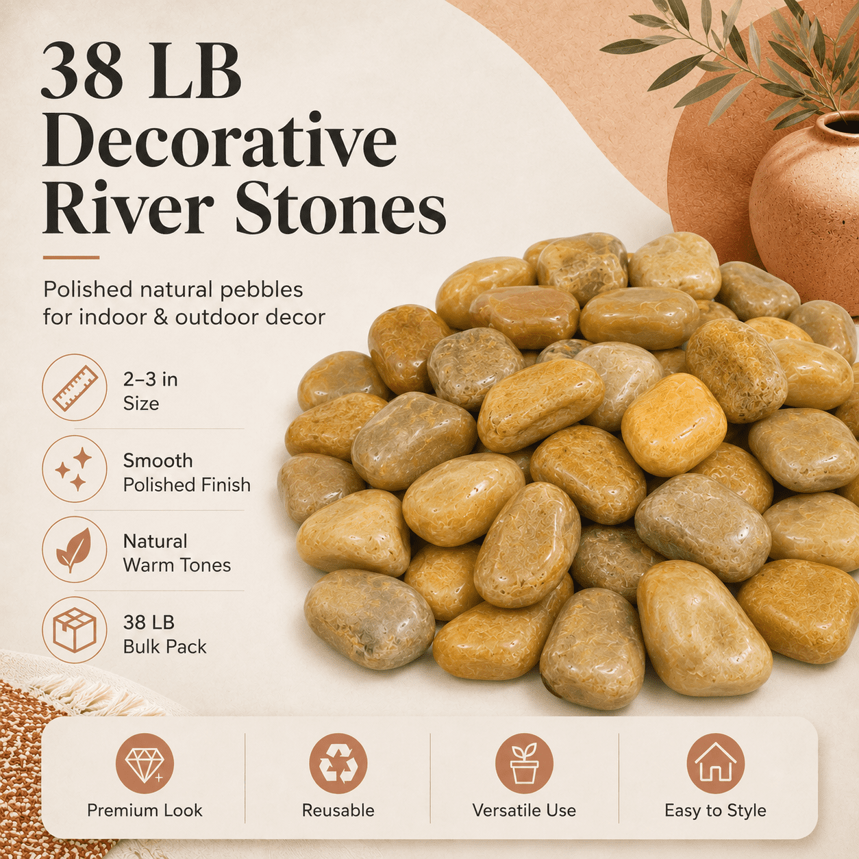 38lbs Khaki River Rocks, 2-3 inch Polished Pebbles Decorative White Stones for Indoor Outdoor Use, Perfect for Plants, Vase Fillers, Aquariums, Fish Tanks, and Garden Landscaping