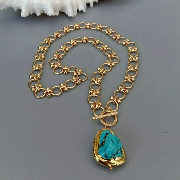 K-KED 22x28mm Blue Turquoise Pendant Gold Plated Chain Chokers Necklace