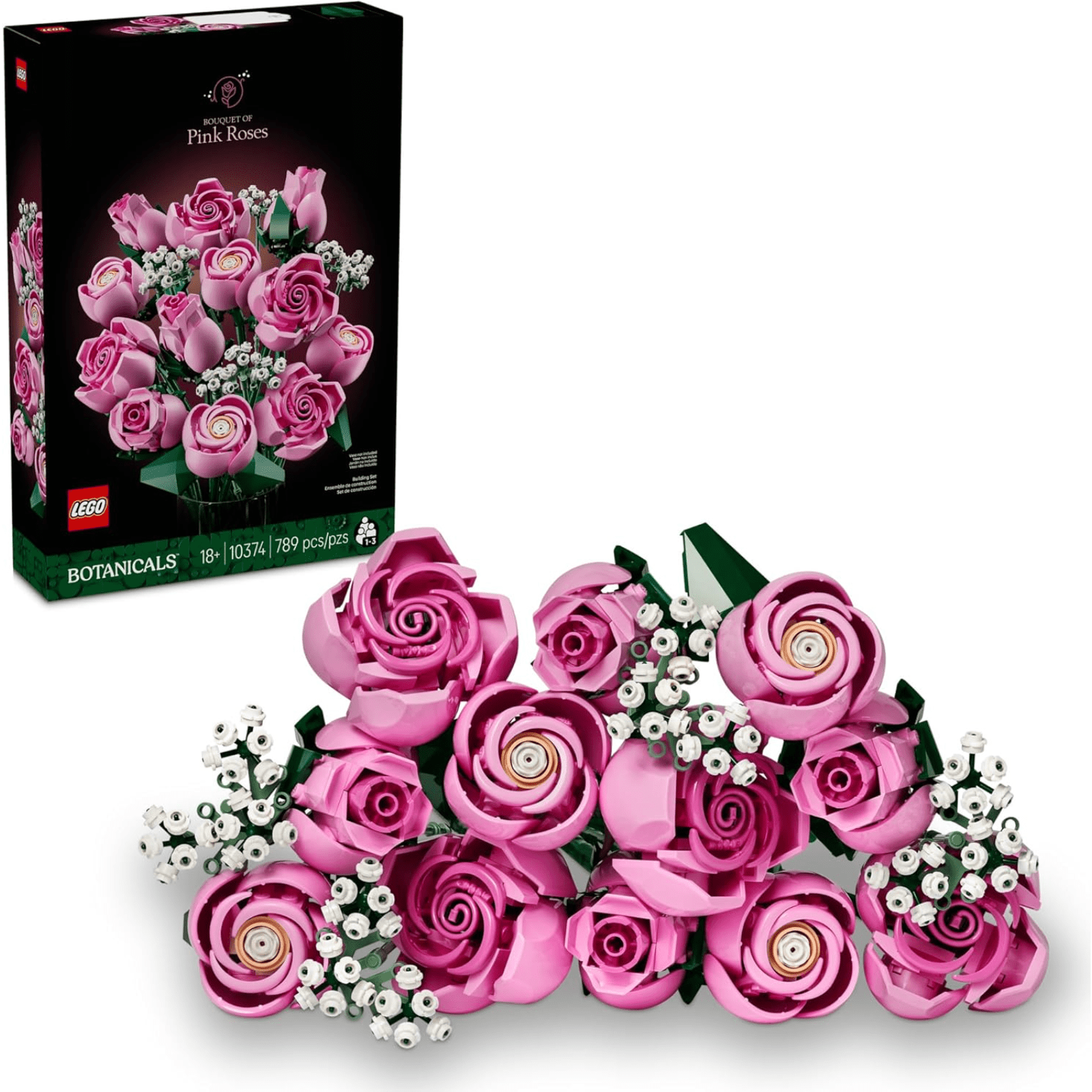 Bouquet of Pink Roses Building Kit 10374 Artificial Flowers Room Decor Blocks for Adults 18 Plus 789 Pieces