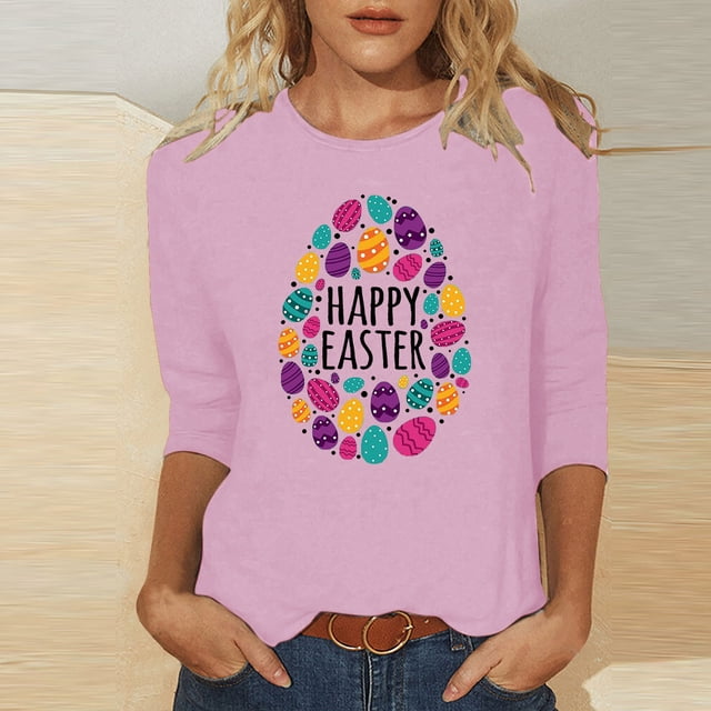 EGNMCR Easter T-Shirt Imprimé Graphique pour Femmes, Mode Décontractée de Noël, Col Rond, Manches 3/4