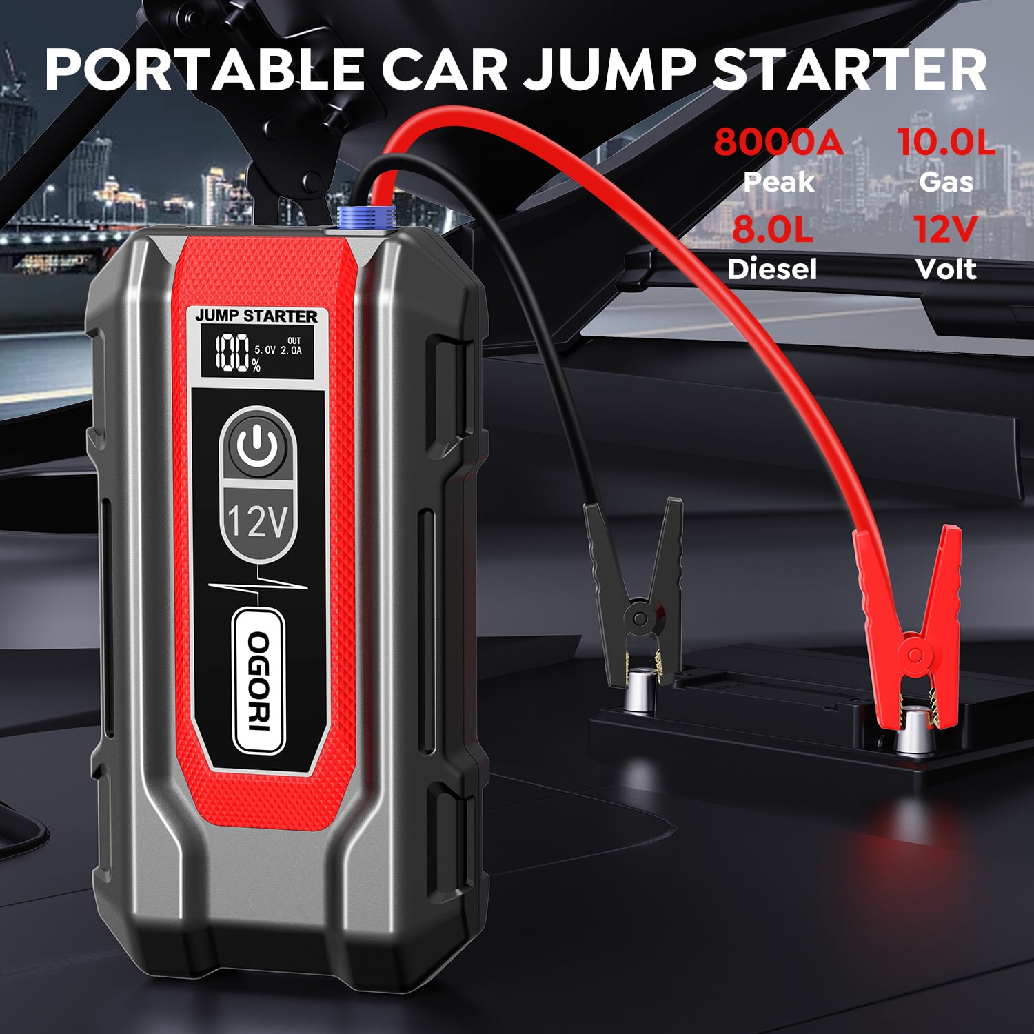 OGORI Car Jump Starter Portable, 8000A Peak 12V Battery Jump Starter with Jumper Cables &  LED Light, Car Battery Booster Charger Power Pack, Jump Box, up to 10.0L Gas/8.0L Diesel