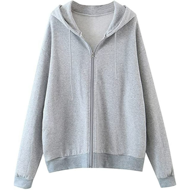Women's Zip Up Long Sleeve Oversized Drawstring Hoodie Hooded Sweatshirt,Light Grey,S