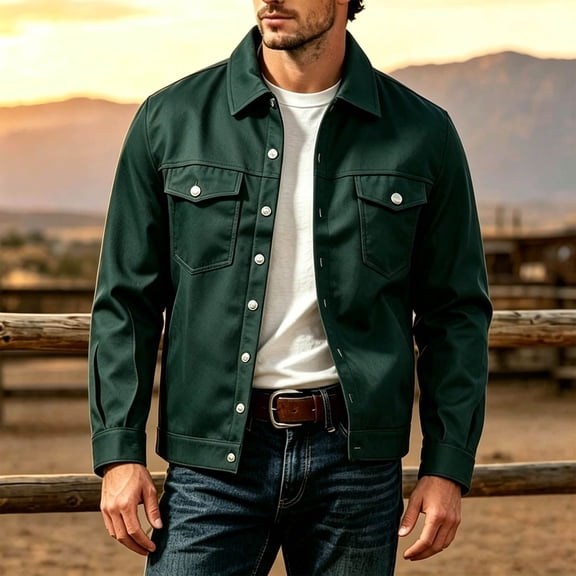 LYSMORA Men's Button Front Trucker Jacket Point Collar Flap Chest Pockets Casual Outerwear for Ranch Visits and Road Trips