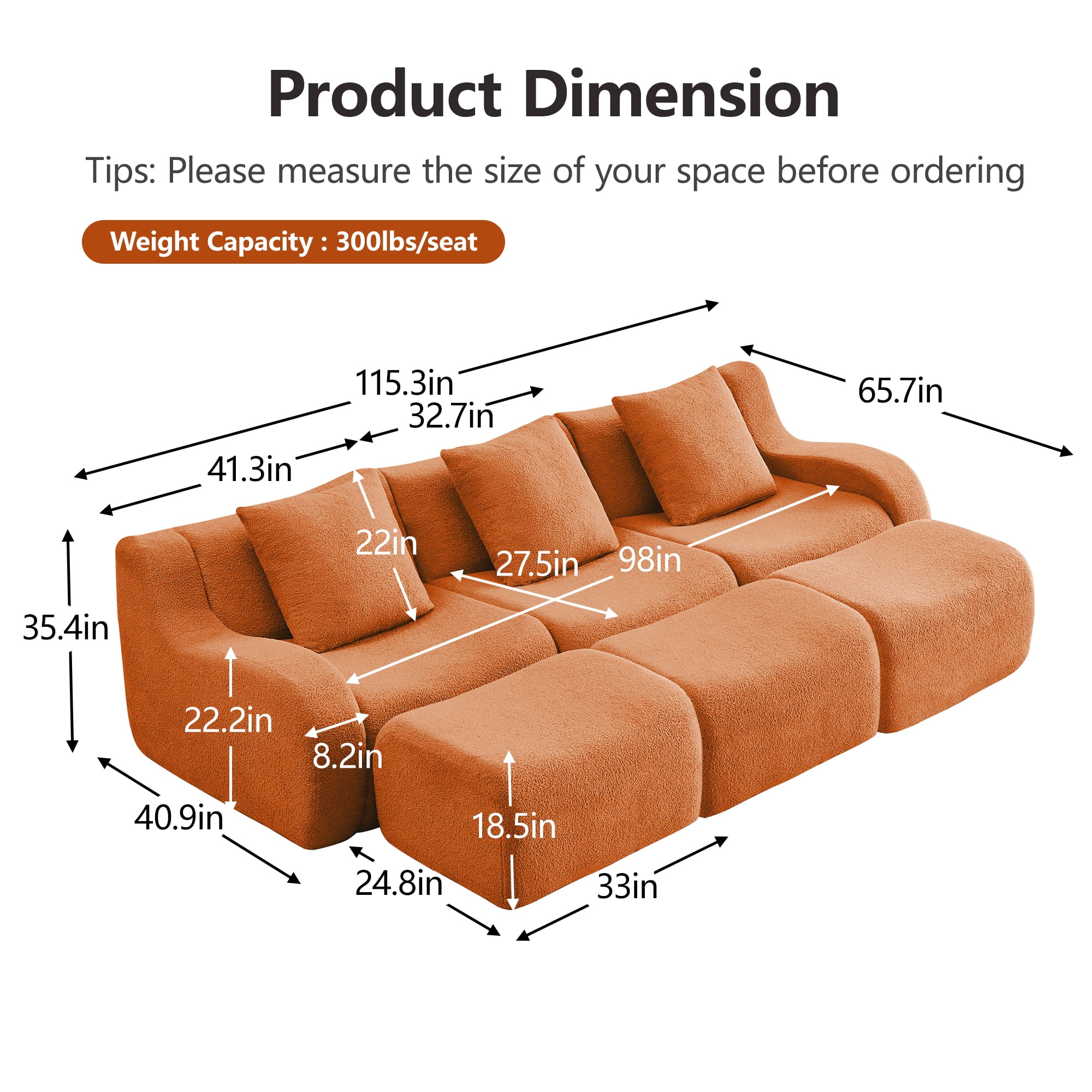 Alvantor Sectional Sofa with Reversible Ottoman 115" W 3-Seater Teddy Boneless Couch Chaise Modern Deep Seat Cloud Sofa for Living Room Orange