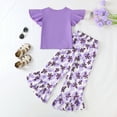 thumbnail image 3 of Kucnuzki 4T Toddler Baby Girl Spring Summer Outfits Pants Sets 5T Fly Sleeve Pure Color Casauk Tee Top Elastic Floral Flare Pants 2PCS Set Purple, 3 of 9