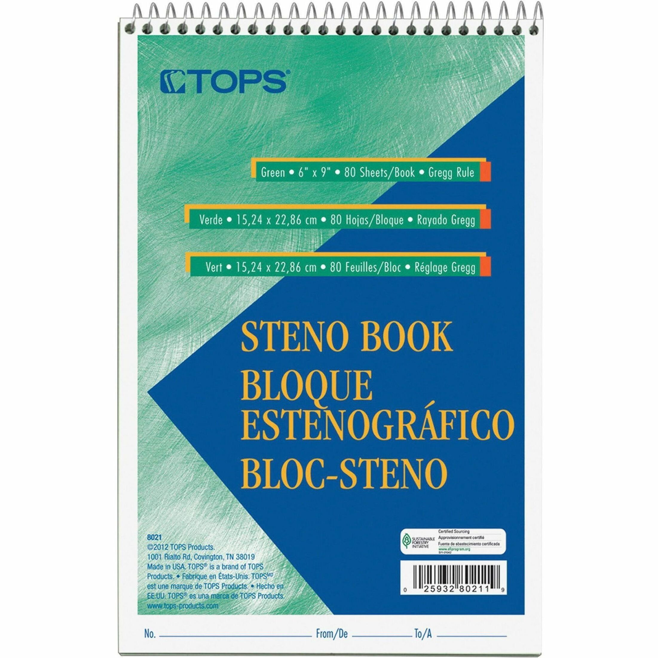 (2 pack) TOPS™ Steno Books, 6" x 9", Gregg Ruled, 80 Sheets, Green, 1 Each