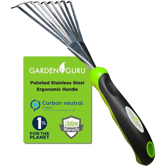 Garden Guru Stainless Steel Hand Rake Soil Tiller with Ergonomic Handle, Great for Gardening, Cultivating, Loosening Soil & Spreading Mulch, Raking Flower Beds