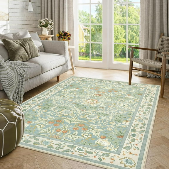 Toyoso 6x9 Area Rug Living Room Rugs - Washable Vintage Floral Soft Thin Large Rug Indoor Floor No Slip Rug Carpet for Bedroom Under Dining Table Home Office Decor - Blue Green