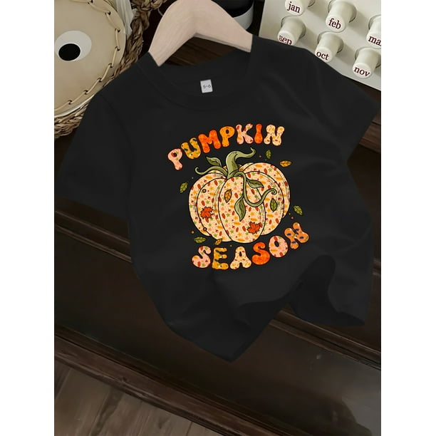 Halloween T-shirt - Colorful Pumpkin & Autumn Leaves Print, Round Neck Summer Top for Halloween & Fall Festivities, Halloween Girls' Shirt, Seasonal Kids' Clothing, Graphic Print Tee