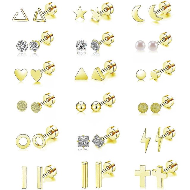 18 Pairs Tiny Cartilage Stud Earrings for Women Men CZ Stud Earrings Stainless Steel Geometric Barbell Flat Back Earrings Piercing Set------Product co