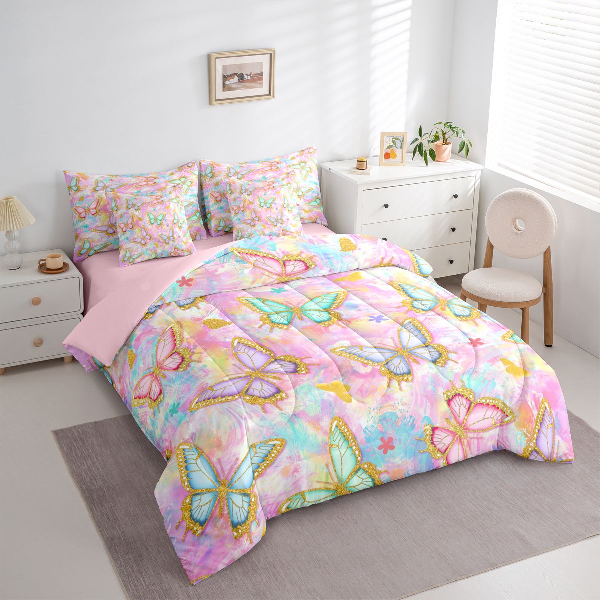 jejeloiu Kawaii Flying Butterfly 7-Piece Bedding Comforter Set,Watercolor Graffiti Artwork King Bedding Sets,Colorful Gradient Bed Sheets For Girls,Microfiber Bedroom Decor Reversible