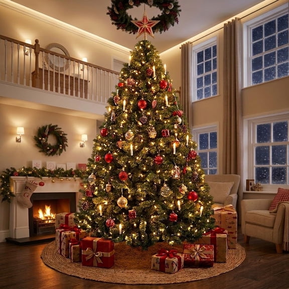 8 ft Artificial Christmas Tree, Full Wide Christmas Tree with Hinged Branches, Dense PVC Foliage, Folding Metal Stand, Dark Green