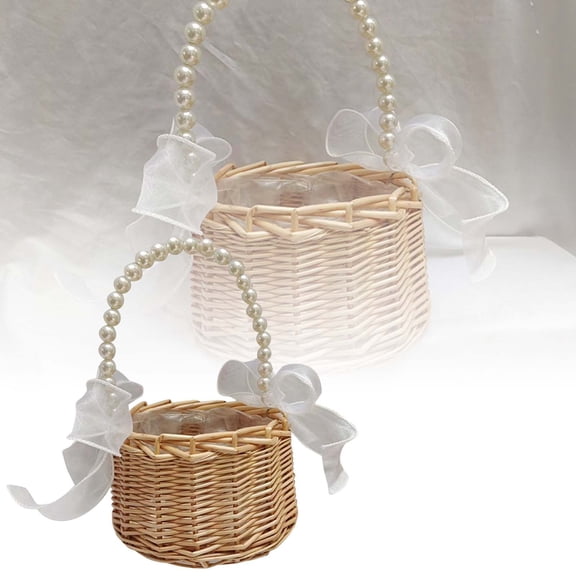Wicker Rattan Flower Girl Basket with Bows,Pearl Handle Flower Basket,Wedding Flower Girl Basket and Home Decorations