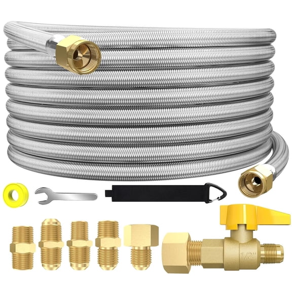 36FT 350PSI High-Pressure Braided Propane Hose, Brass Gas Ball Valve, with Adapters: 3/8" Flare to 1/2" F-NPT, 1/4" & 3/8" M-NPT, for BBQ Grills, Fire Pits, Heaters.