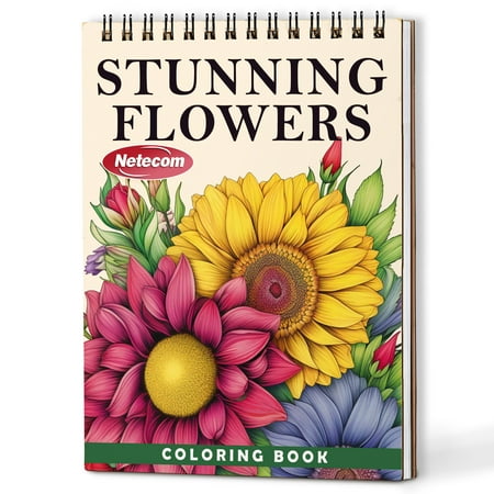 Netecom Stunning Flowers Coloring Book Spiral Bound for Adults A5 Wooden Cover 30 Beautiful Coloring Pages of Blossom Flowers for Stress Relief and Relaxation