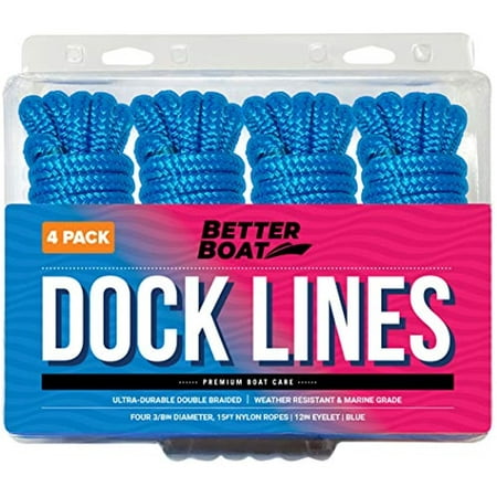 Dock Lines Boat Ropes for Docking 3/8" Line Braided Mooring Marine Rope 15FT Nylon Rope Boat Dock Lines for Docking Boat Lines Boating Rope Braided 15' Feet with Loop Blue 4 Pack