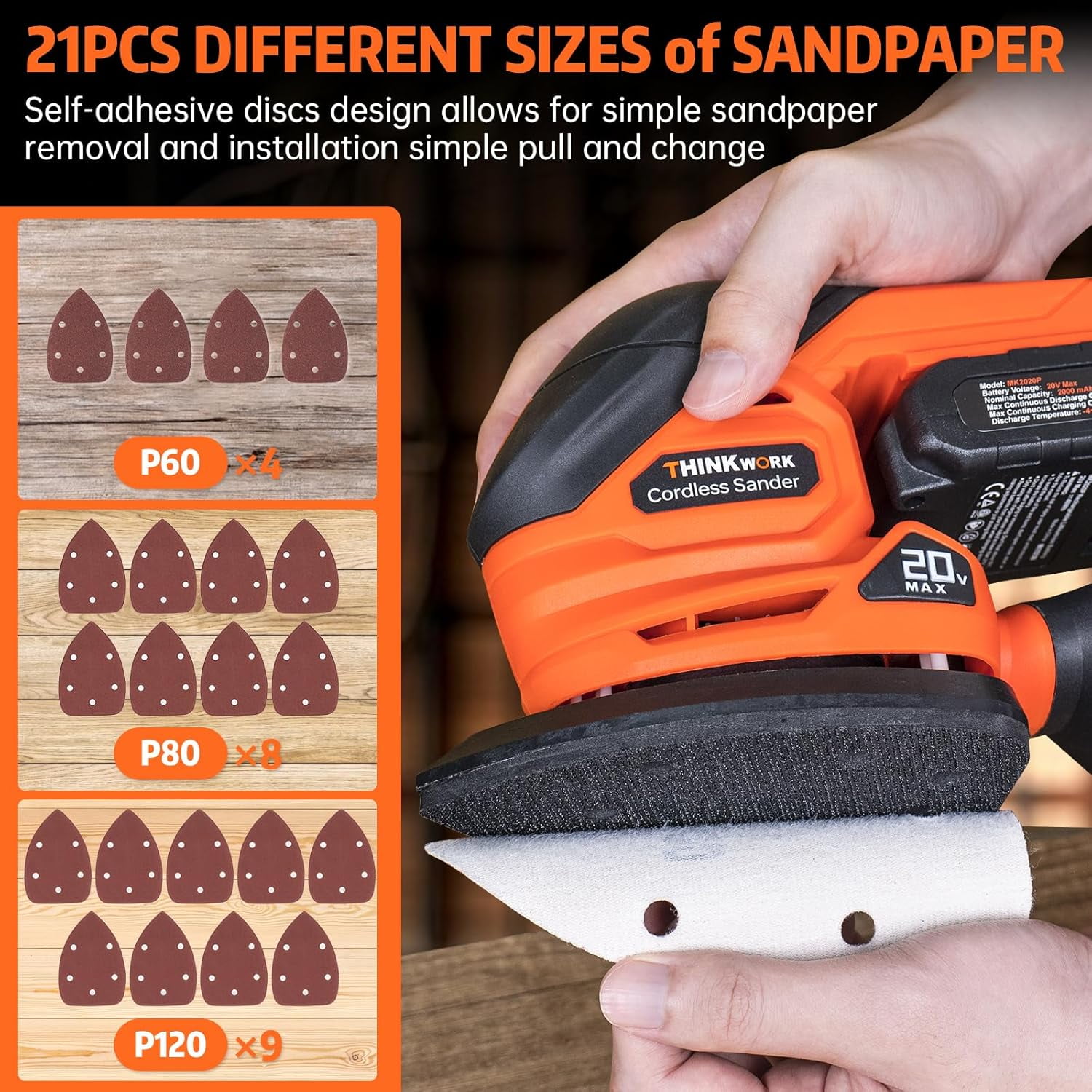 Cordless Detail Sander – THINKWORK 20V Electric Hand Sander, 12000 OPM, With Dust Bag & 21 Sandpapers | For Wood, Metal, DIY Projects