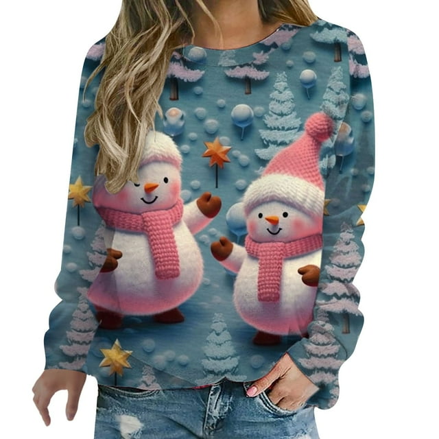 2025 Chandails de Noël pour Femmes Décontractés à Manches Courtes, Mignon Imprimé Graphique, Blouse à Bas Froncé, Chandail à Manches Longues, Col Rond, Grande Taille et Taille Forte, Chandail à Capuchon Athlétique en Molleton, Haut à Enfiler