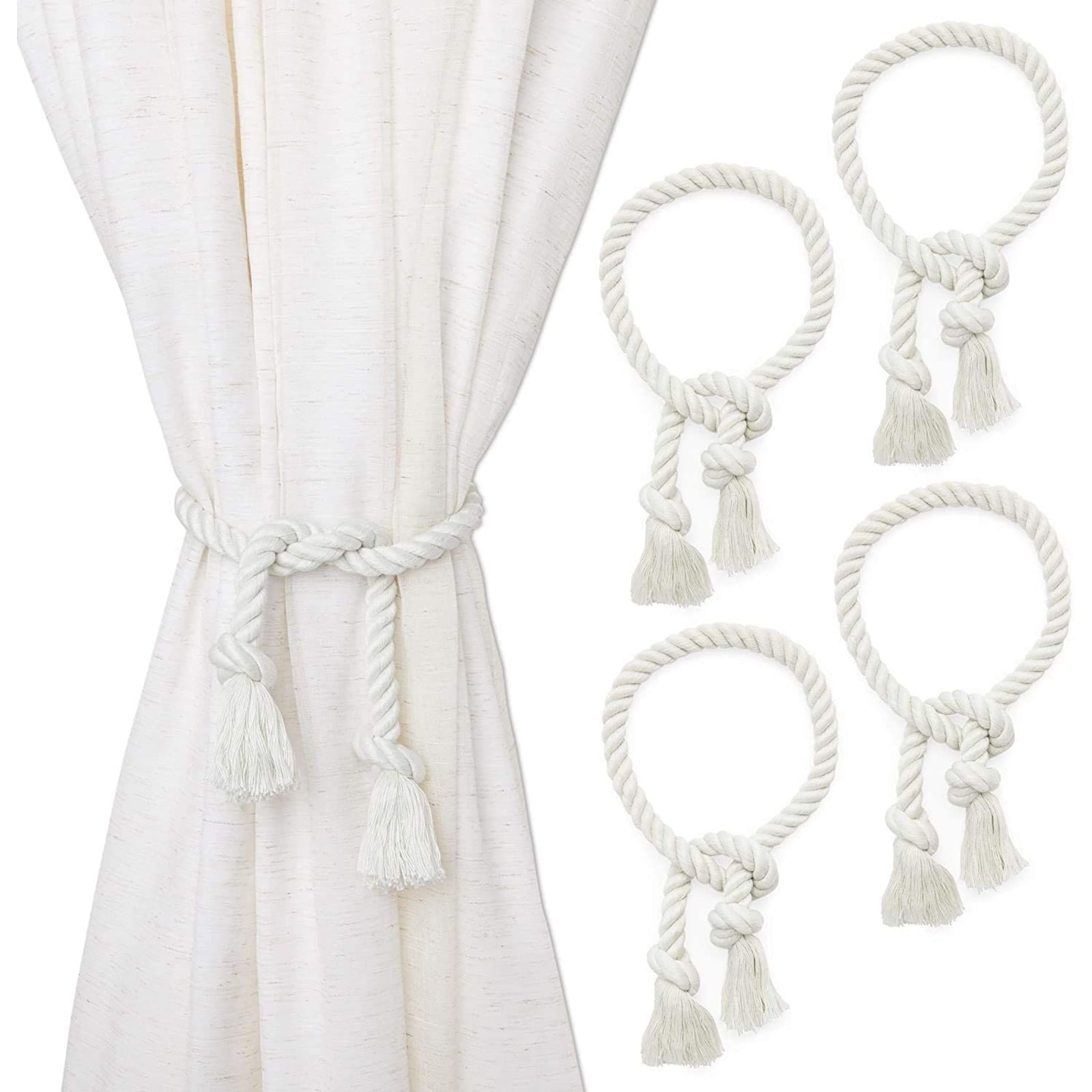 4-Pack White Cotton Window Curtain Tiebacks Tie Back, 29' Holdbacks Rope for Drapes
