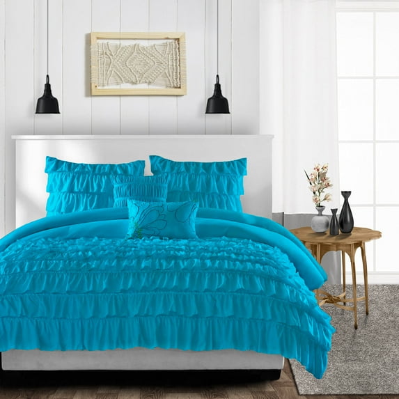 Duvet Cover 3 Piece Egyptian Cotton Cozy & Breathable 600 Thread Count Multi Ruffle Duvet Covers with Zipper Closure & Corner Ties Soft Comforter Cover (Oversized Queen, Turquoise Blue )