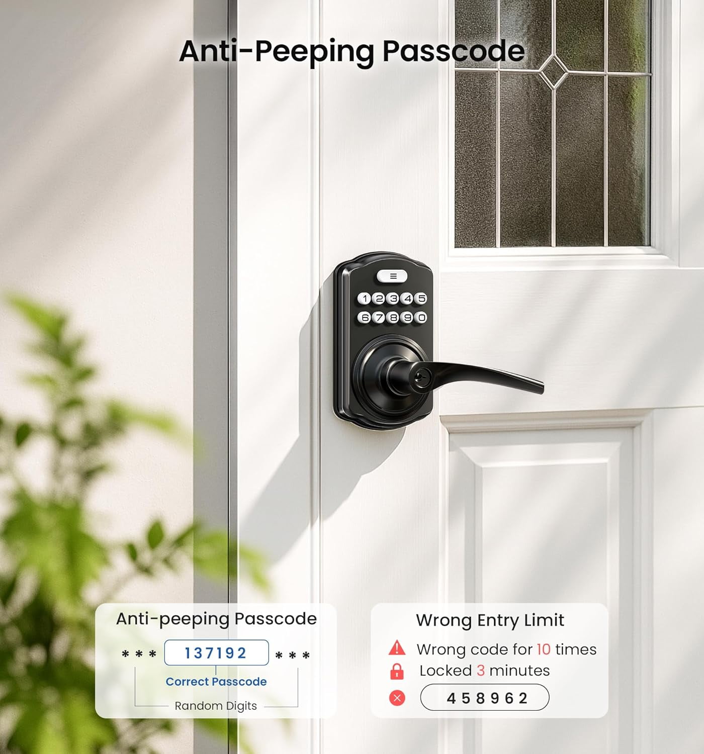 Veise Keypad Door Lock with Handle, Keyless Entry for Bedroom, Electronic Lock with Code, Auto-Locking, Easy Installation, Matte Black