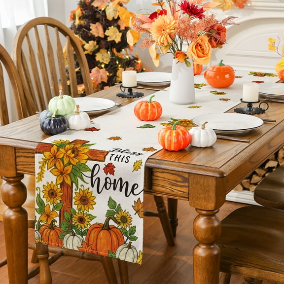 YIBAGA Fall Table Runner, Pumpkins Cross Fall Tableware Home Indoor Decor, 13x72 inch, Polyester