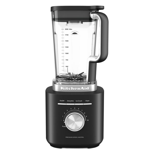 KitchenAid Pure Power Blender with a clear 2-liter pitcher, black base, precision speed control dial, and settings for smoothie, ice crush, and clean.
