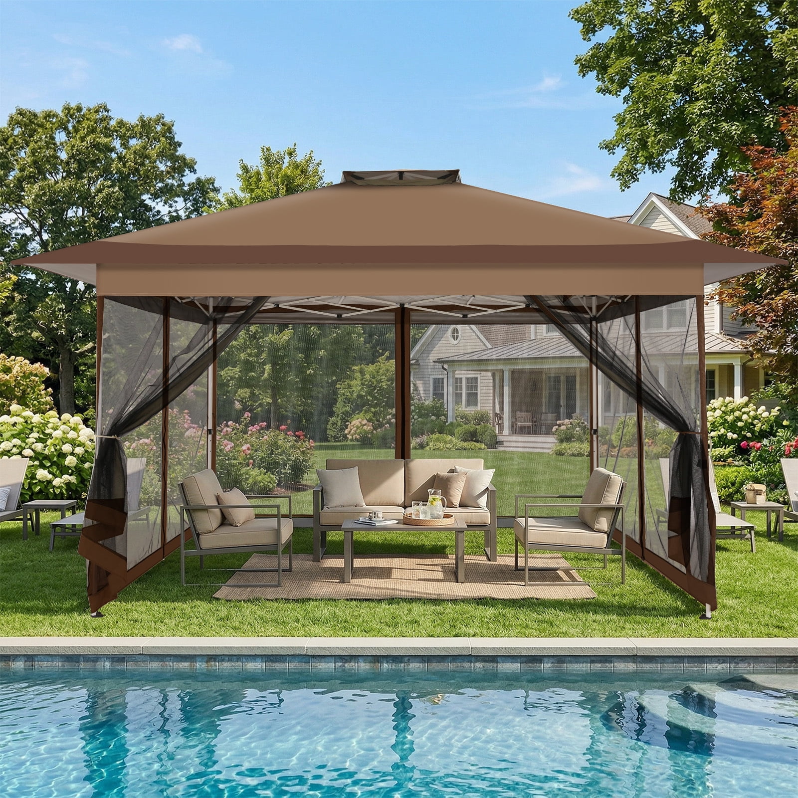 COBIZI 10x15 Pop-Up Gazebo with Mosquito Netting, Outdoor Patio Canopy Tent with 2-Tier Ventilated Roof, 3 Adjustable Heights, Provides 150 Sq Ft Shade, Brown