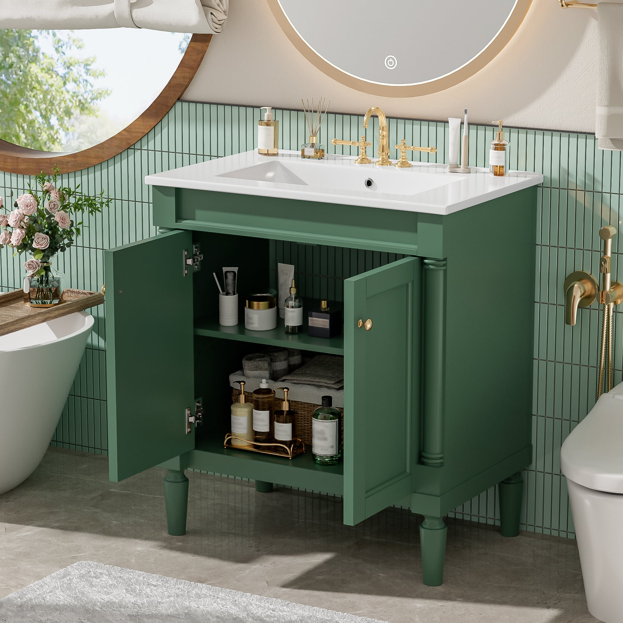 Euroco 30" Luxurious Bathroom Vanity Cabinet with Ceramic Sink Basin, 30-Inch, Storage Cabinet with Soft Close Doors and Solid Wood Legs