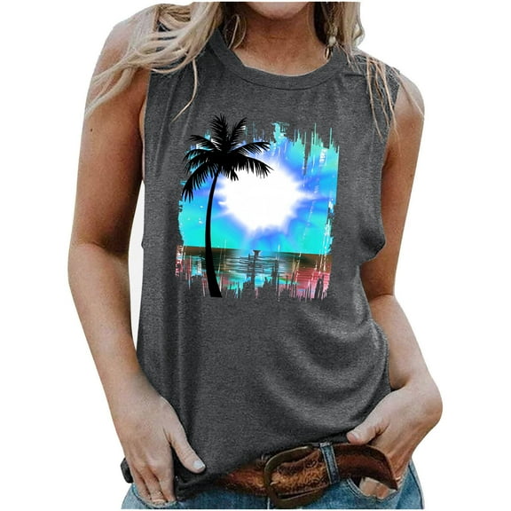TDYHUAO Beach Tank Tops for Women Girls Trip Shirts Sunshine Coconut Palm Graphic Tee Summer Vacation Sleeveless Tops Vest
