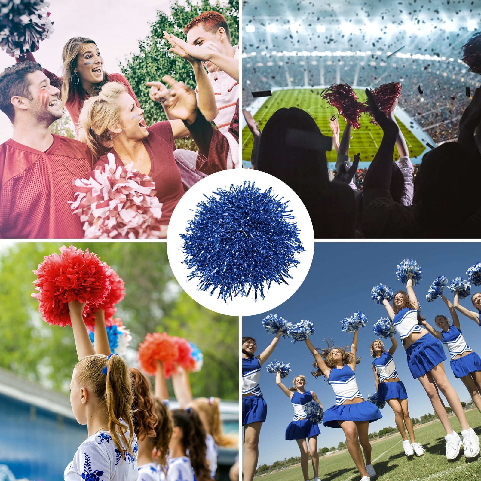 Cheerleading Pom Poms with Finger Holes Metallic Foil Cheering Hand Flower, Blue, 12 Pack