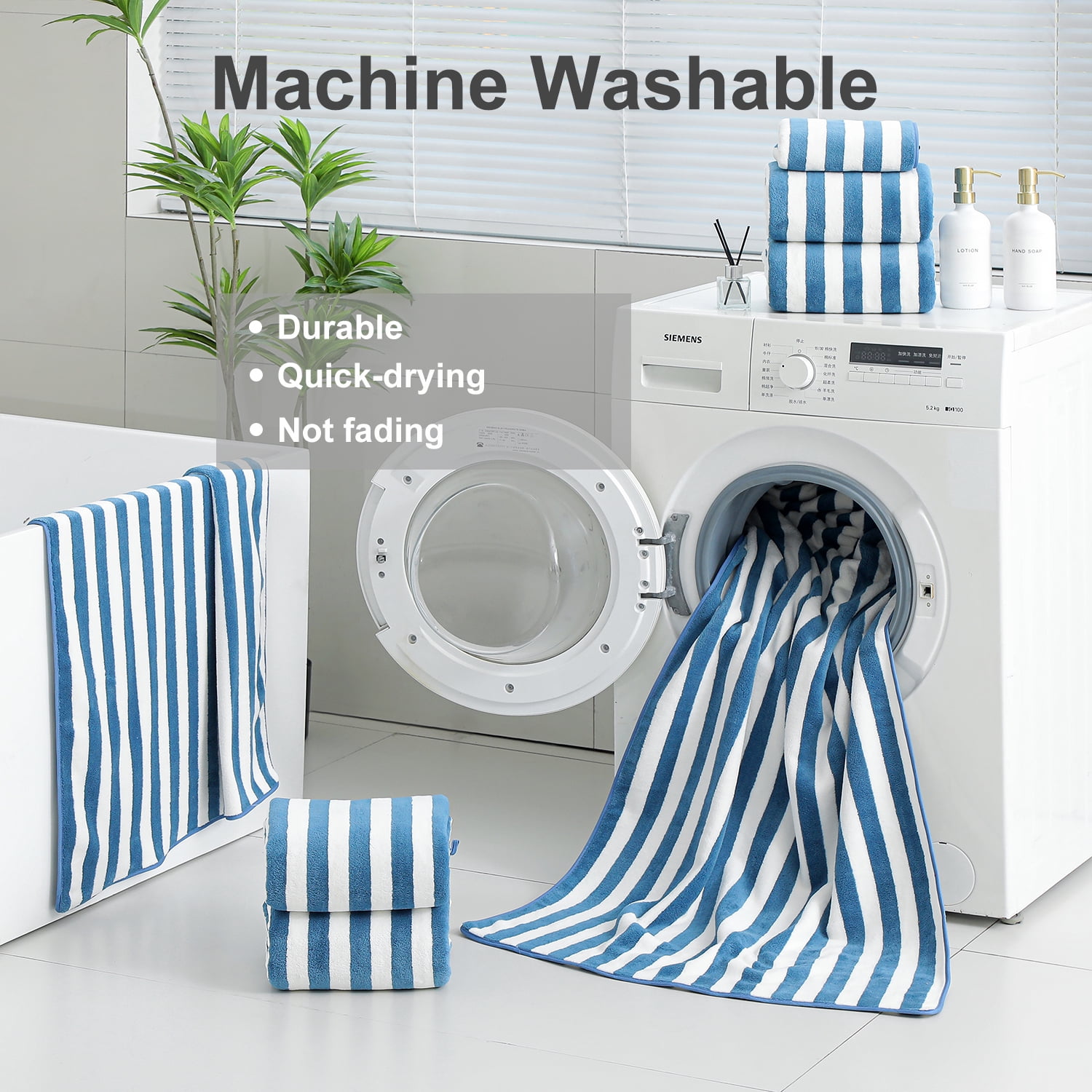 Smuge 12 Pcs Stripe Family Bath Towels Set - 4 Bath Sheet Towels, 4 Hand Towels, 4 Washcloths, Microfiber Soft Shower Towel for Bathroom Gym Spa(Blueberry)