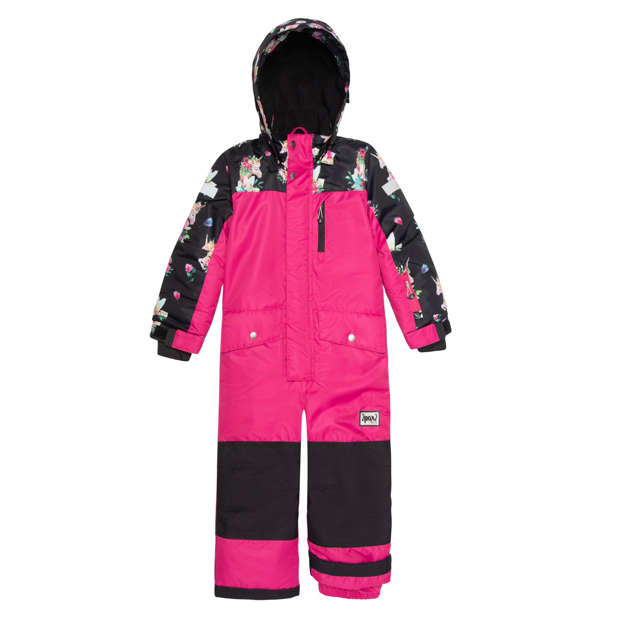 Deux par Deux One Piece Snowsuit Printed Unicorns Black And Fuchsia