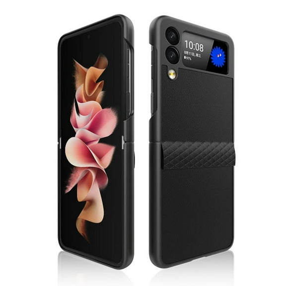 Leather Case Compatible with Samsung Galaxy Z Flip 3 with Hinge Protection Ultra Thin Shockproof Protection Case-Black