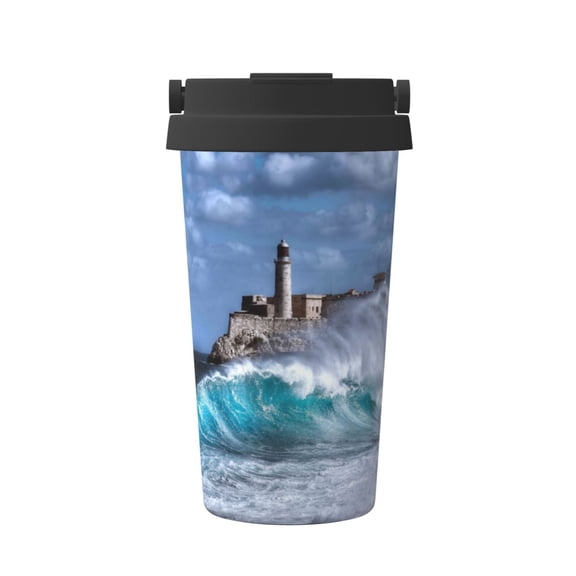 Logiee Lighthouse in Havana Print Stainless Steel Coffee Tumbler, Travel Coffee Mug, Insulated Coffee Mug with Lid, Spill Proof Coffee Cup, Portable Thermal Mug