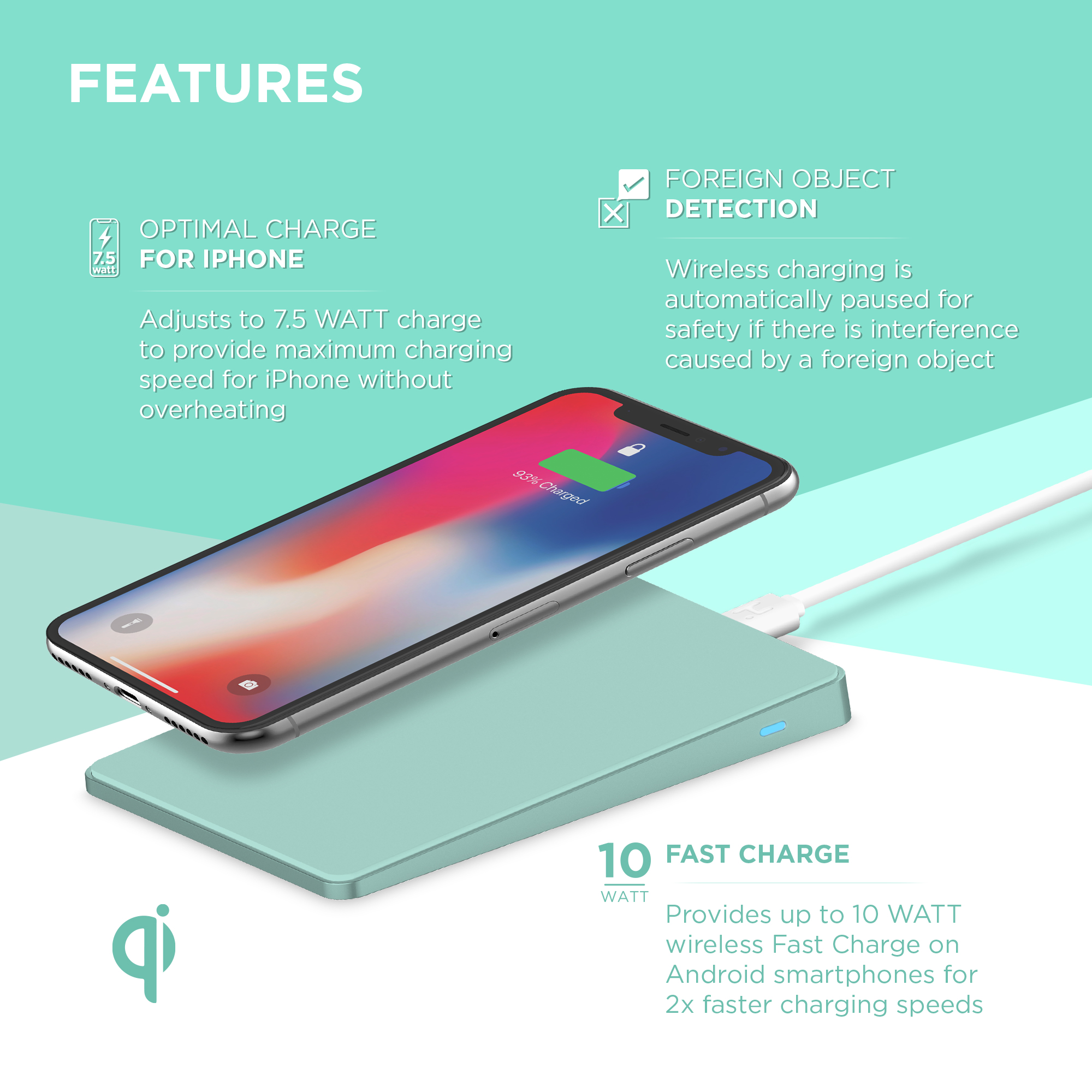 iHome Wireless Charging Pad: Qi Certified Fast Charge Station: 7.5W for iPhone 11, 11 Pro, 11 Pro Max, XR, Xs Max, XS, X, 8, 8 Plus, or 10W Galaxy S10 S9, Note 10 Note 9 - image 2 of 6